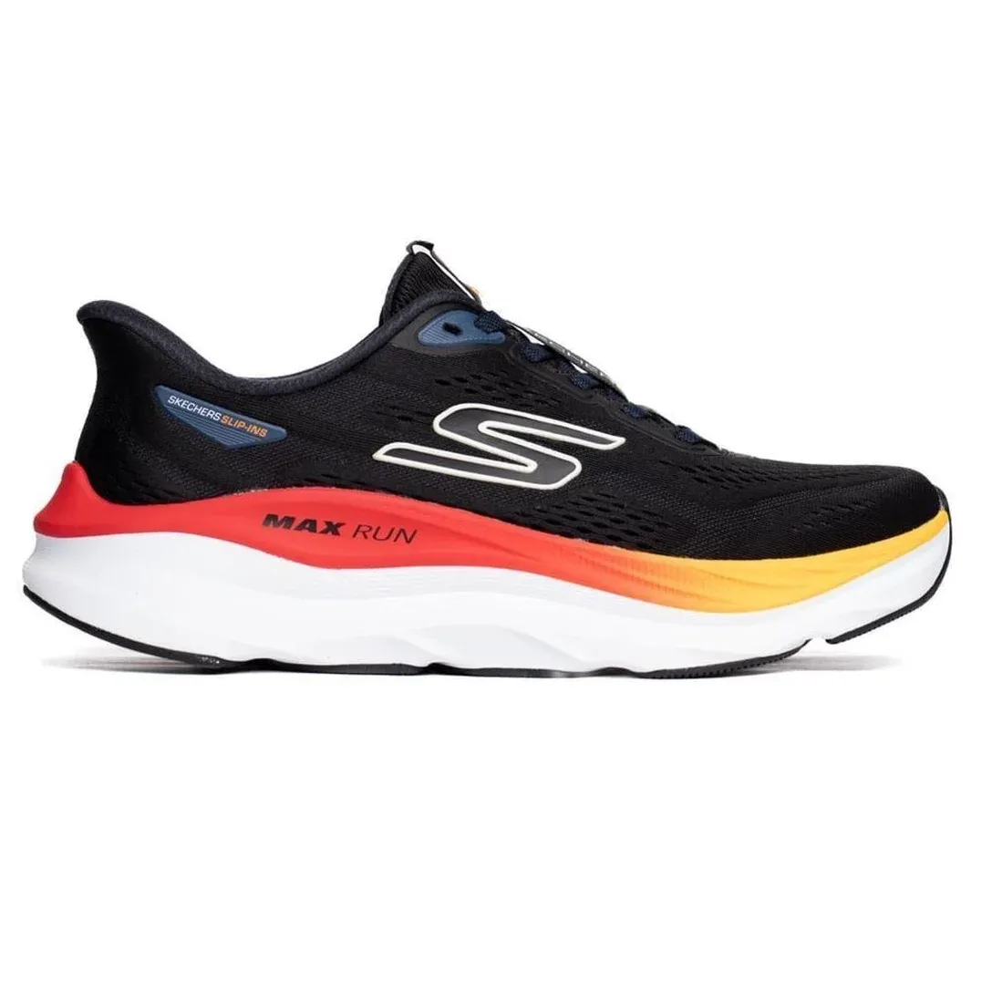 Tênis de corrida masculino Skechers Max Run preto com detalhes coloridos, vista lateral esquerda